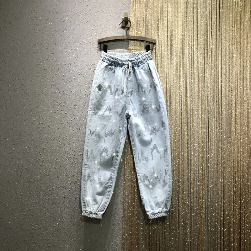 

Винтажные уличные модные облегающие джинсы с бриллиантами и высокой талией для женщин, Свободные повседневные Прямые брюки Harun с эластичны...