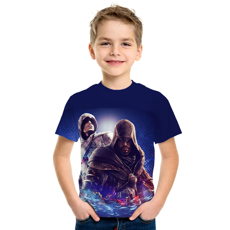 Летние детские футболки топы с 3d принтом assassins creed, повседневные Мальчики Девочки футболки, костюм Харадзюку хип-хоп Уличная одежда, футболки с аниме