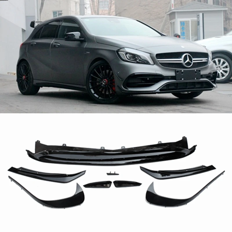 

For W176 Front Lip Spoiler Splitters Canards For Benz A Class A200 A250 A45 AMG 2016-2018 8PCS Molding Garnish Bumper Decoration