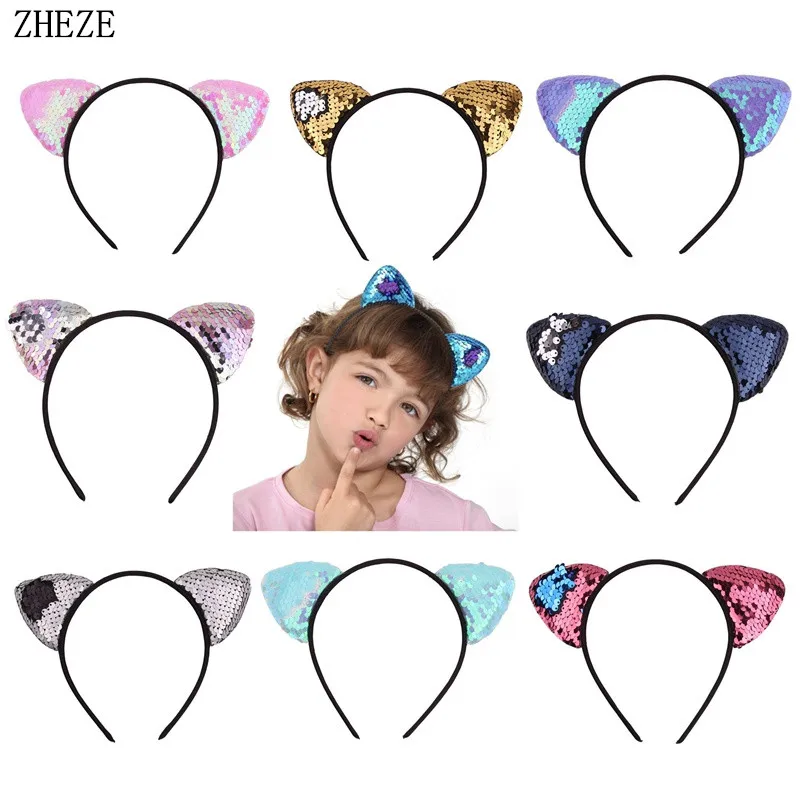 

10Pcs/Lot Wholesales Classical Cat Ear Hairband Cute Girls Sequins Headband Double Sides Reverse Glitter DIY Hair Accessories