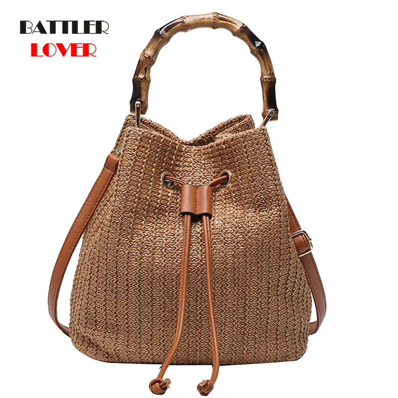 

Slub Handle Straw Bucket Bags For Women 2021 Small Shoulder Handbags and Purse Female Travel Totes Lady Fashion Hand Bag Totes