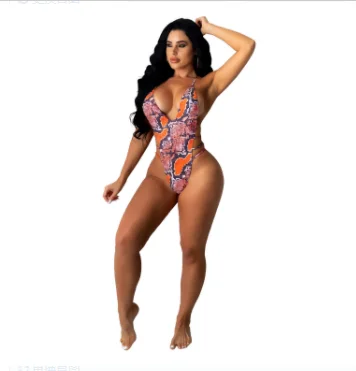 

Swimsuit Women's Backless One-piece Bikini Print 2021 Summer Women's Sexy Waist Street Style Pattern Type Fit with Pad Snake Age