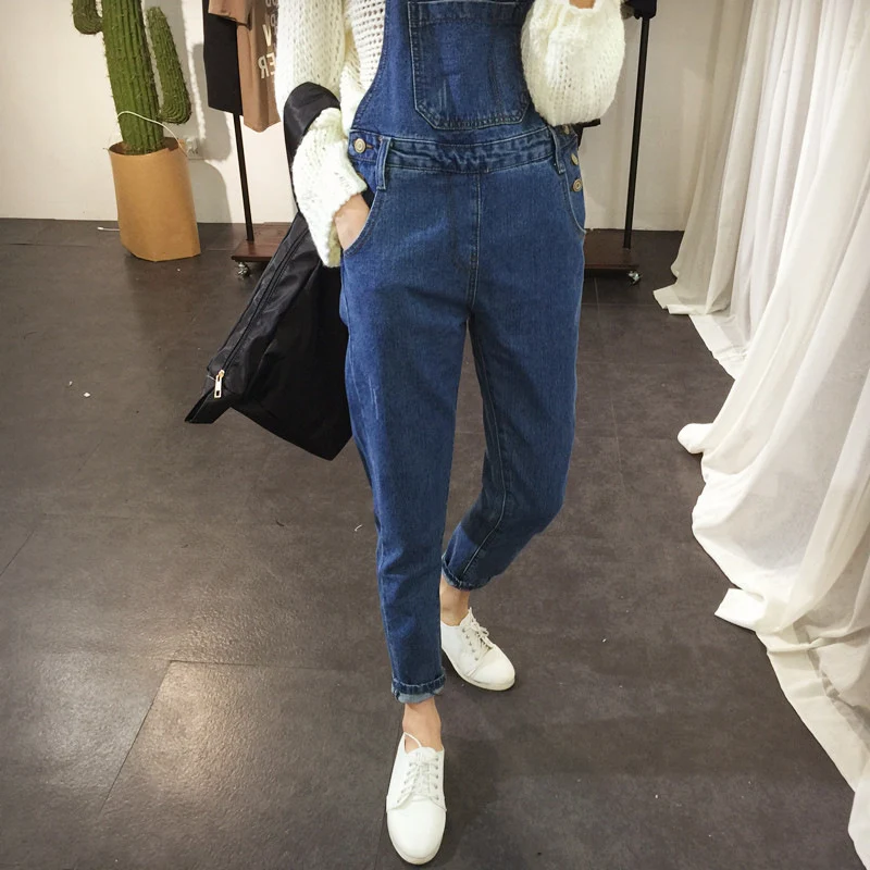 Мода осень 2019 женский синий длинный джинсовый комбинезон однотонный