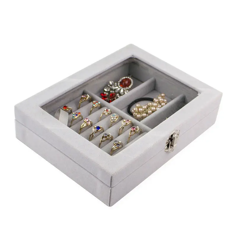 

Velvet Glass Jewelry Box Organizer Rings Earrings Necklace Tray Display Storage Case Grey Showcase Clear Lid Wholesale 2021