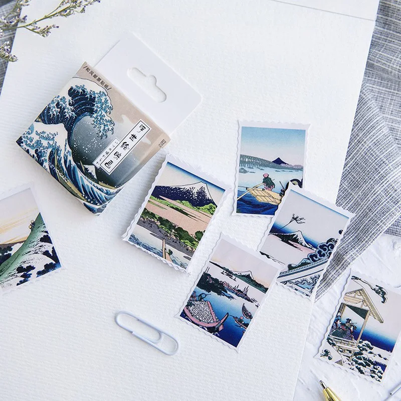 

46 Pcs\box Vintage Stamp Diary Sticker Flakes Landscape Painting Sticky Paper Scrapbooking Japanese Stationery Material Escolar