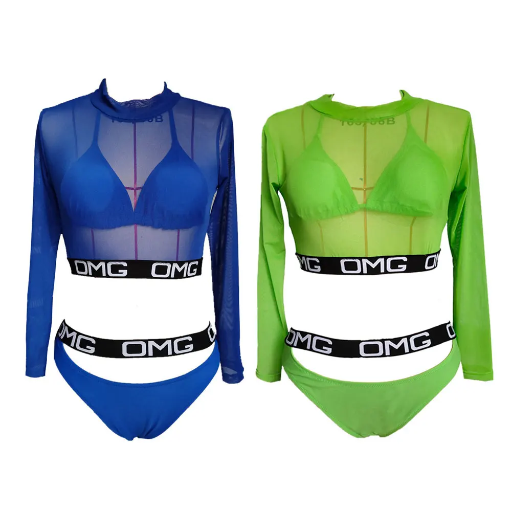 3PCS Women Bikini Set Long Sleeve Mesh Swimwear Push-up Padded Bra Shorts Swimsuit Green Blue Beachwear | Женская одежда