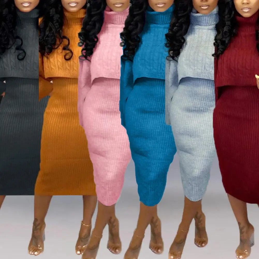 

Dresses Women 2Pcs Sexy Women Solid Color Long Sleeve Turtle Neck Pullover Sweater Vest Dress Women's Clothing 2021