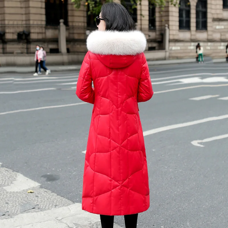 New Women Leather Down Jacket Autumn Winter 2022 Fashion Real Fox Fur Collar Hooded Slim Sheepskin Overcoat Long Down Coat