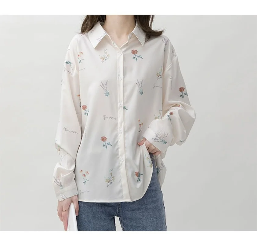 

Floral Print Chiffon Shirts Women Spring Summer Fashion Lapel Collar Long Sleeve Office Ladies White Shirt Female Casual Tops