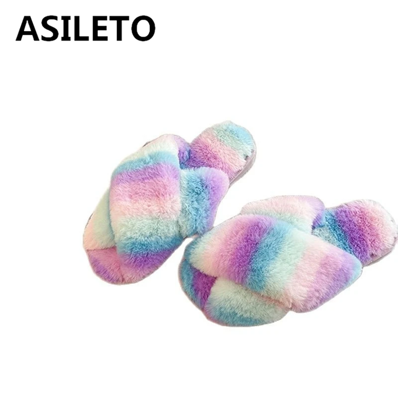 

ASILETO Big Size 43 Winter Women House Slippers Faux Fur Fashion Warm Shoes Slip On Flats Female Slides Black Pink Furry F1437
