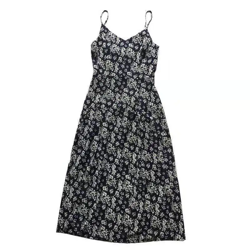 

2021 spring and summer medium length floral dress V-neck elegant retro suspender elegant temperament suspender skirt