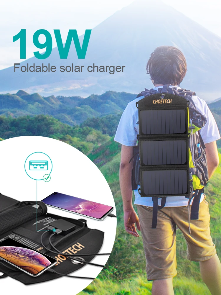 

CHOETECH 19W Portable Solar Phone Charger Solar Power Charger Dual USB Port Auto Detect Tech for iPhone Samsung Huawei Xiaomi