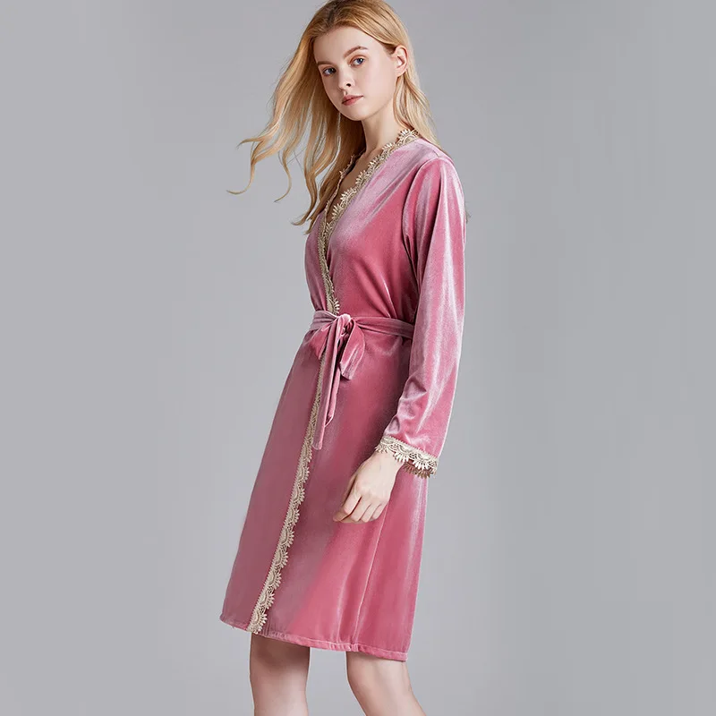 Новая весенняя Золотая Бархатная женская пижама однотонная кружевная с длинным