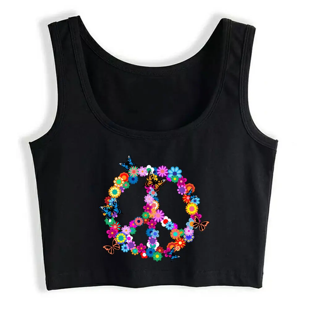

Crop Top Flowers And Butterflies Hippie Peace Sign 60s 70s Curvy Casual Harajuku Womens Tops blusas mujer de moda 2021 verano