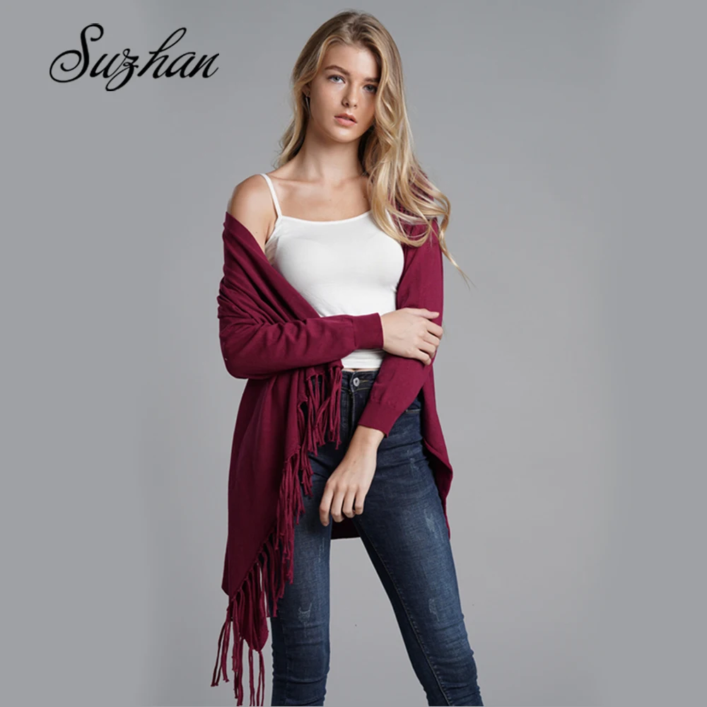 Suzhan Женская Осенняя шаль стильный свитер Повседневный теплый воротник шарфа длинный рукав кисточка Кнопка длинный вязаный кардиган