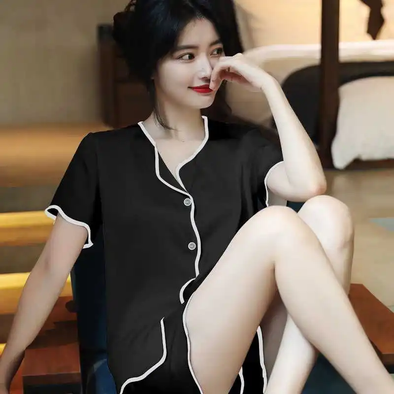 CAIYIER New Luxury White Silk Pajamas Set Summer Women Simple Soft Nightwear Solid Color Fashion Short Sleeve Homewear Suit 2XL