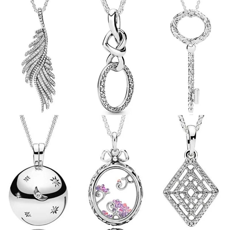 

Original 925 Sterling Silver Feathers Moon & Ball Knotted Heart Regal Pattern Key Necklace For Popular Bead Charm DIY Jewelry