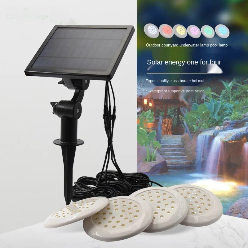 للبيع مصباح حمام سباحة يعمل بالطاقة الشمسية RGB ، 4 أربطة ، 1 لوحة شمسية خارجية ، IP68 مقاوم للماء ، مصباح بركة تحت الماء ، 12 فولت تيار متردد