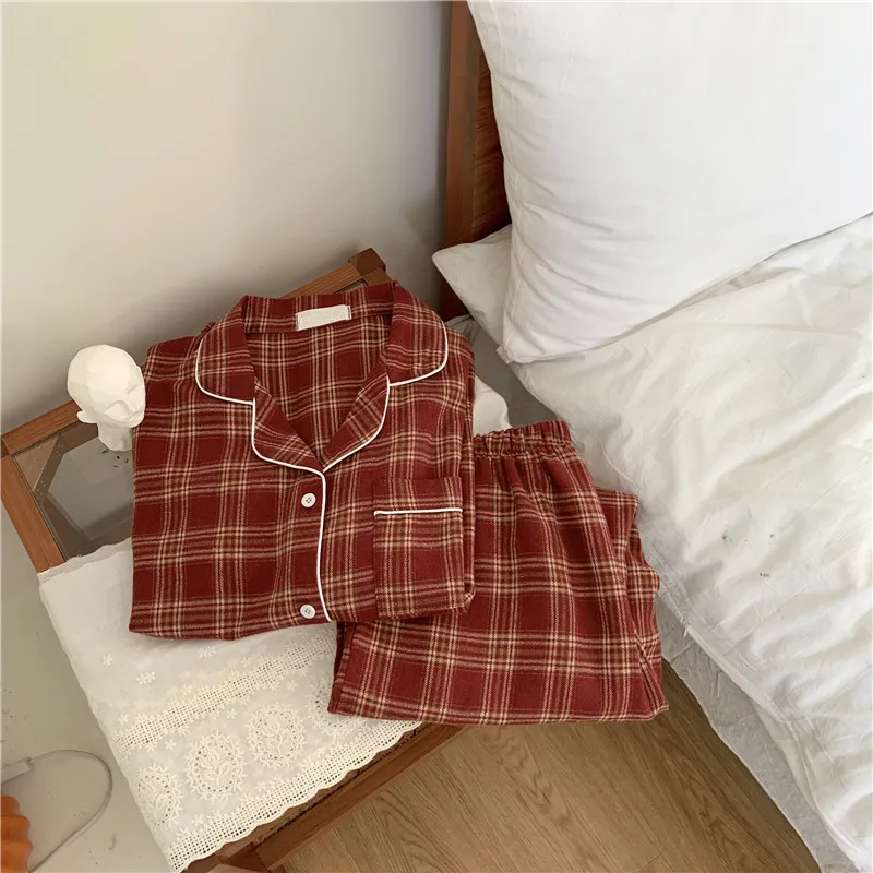 

women winter plaid couple pajamas suit women men home suit sanding soft long sleeve shirt pants 2 piece set sleepwear blue Y227