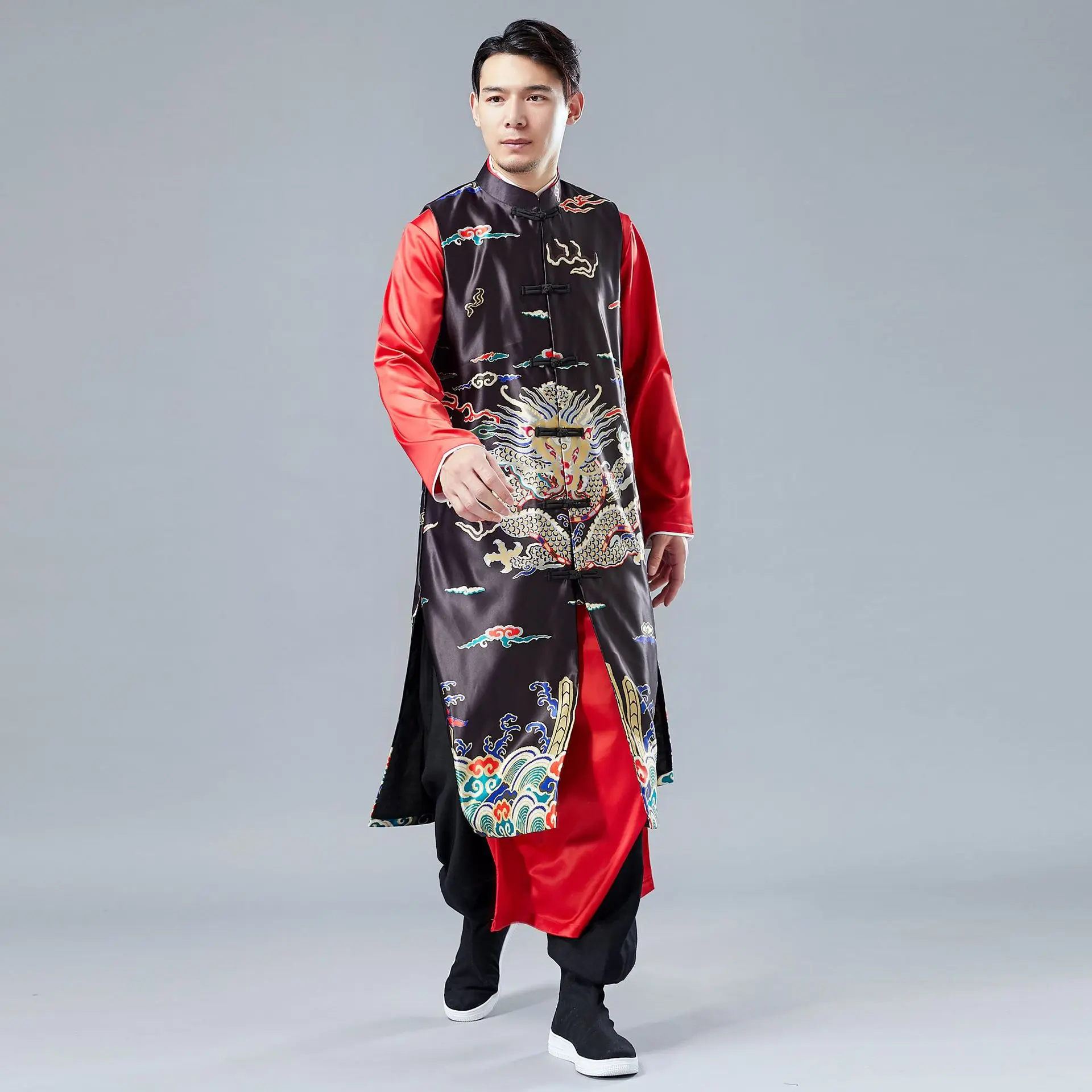 Мужской домашний халат с изображением дракона длинный Повседневный жилет в