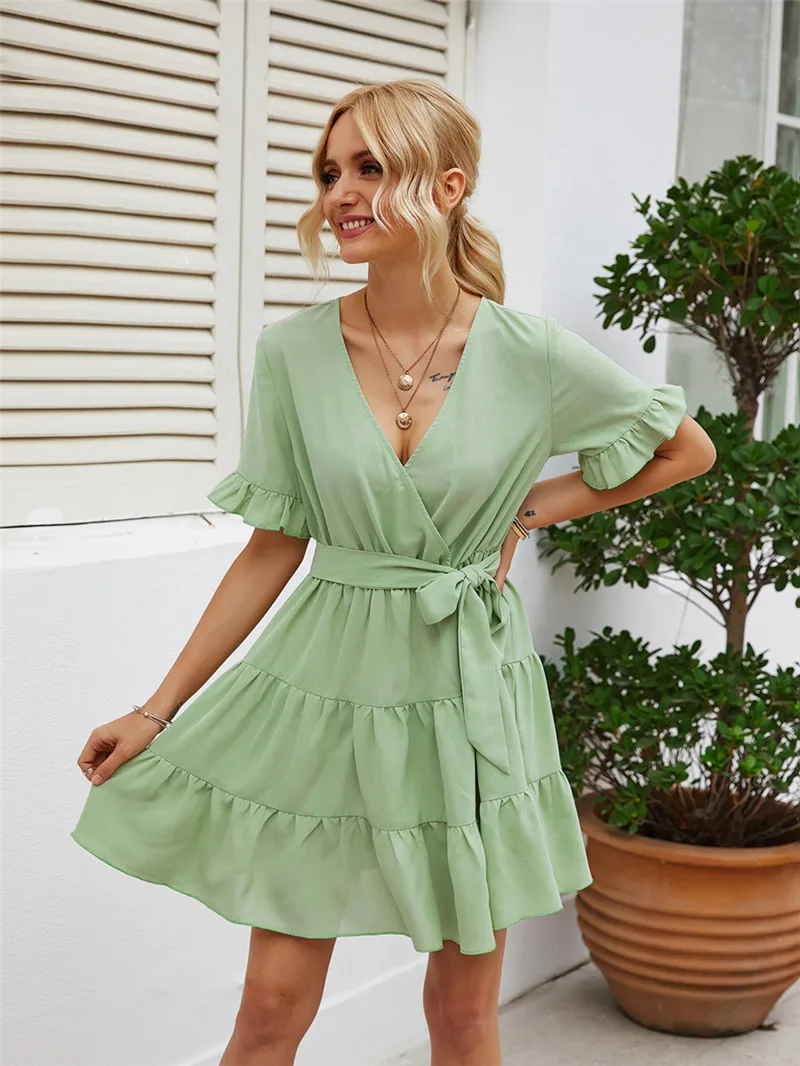 

2020 New Brand Solid Ruffles Summer Dress Women Sweet V-Neck Butterfly Sleeve Casual Dress Slim Streetwear Vestidos Robe Femme