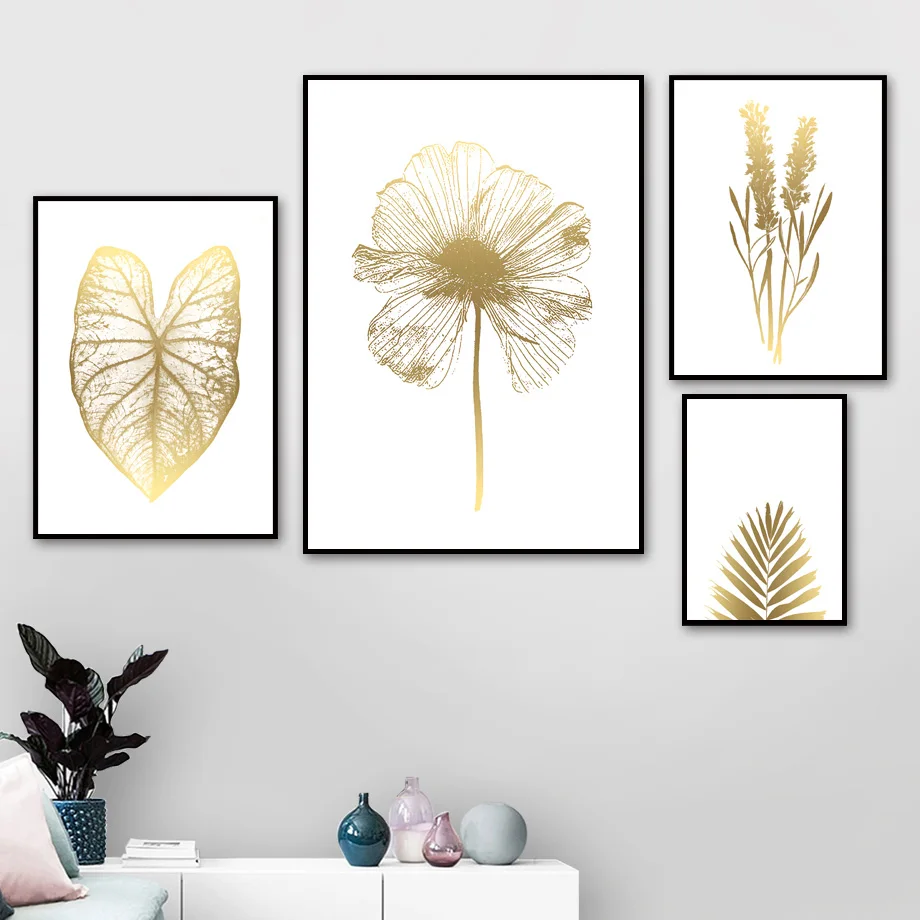 

Golden Flower Monstera Palm Leaf Plant Nordic Posters And Prints Wall Art Canvas Painting Wall Pictures For Living Room Decor