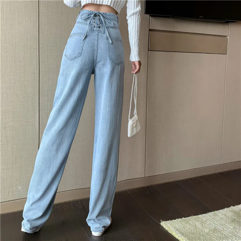 

Korean Chic Lace-Up High Waist Jeans Pants Women Autumn Vintage Wide Denim Trousers Casual Ladies Straight Jeans
