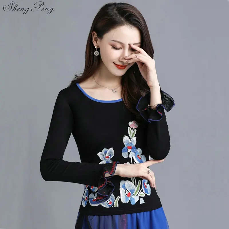 Весна Осень женская футболка Вышивка 2019 Blusas длинный рукав 5XL плюс Размер