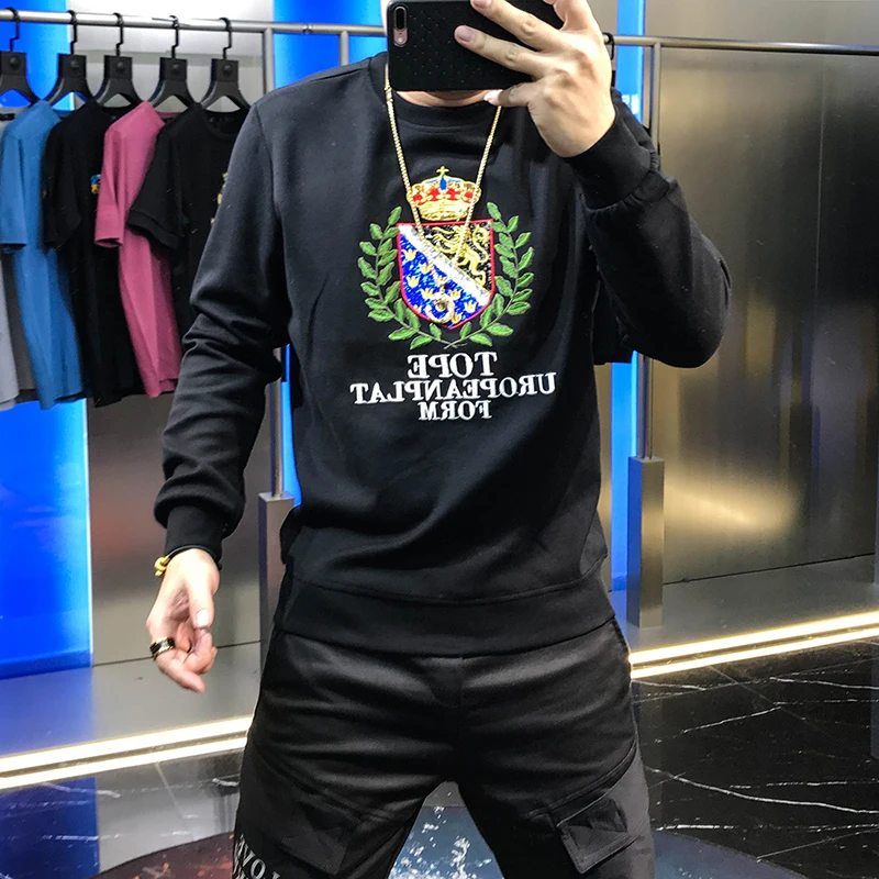 Мужской облегающий свитер с длинным рукавом универсальный круглым вырезом и