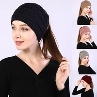 women chunky crochet knitted headband high messy bun ponytail extra wide headwrap solid color stretch beanie turban ear warmer