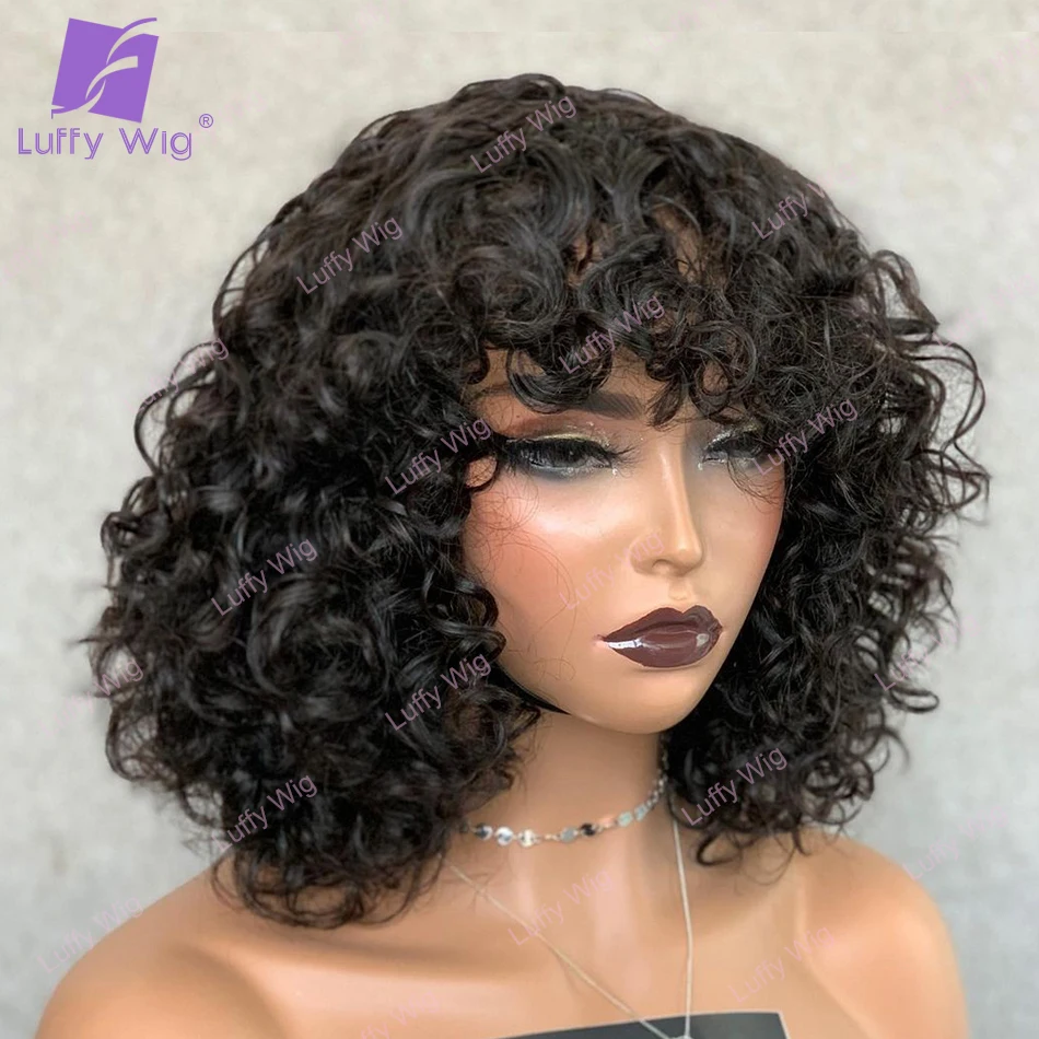 

Bouncy Curly Bob Wig With Bangs Brazilian Remy Human Hair O Scalp Top Glueless Short Wigs 200 Density For Black Women Luffywig