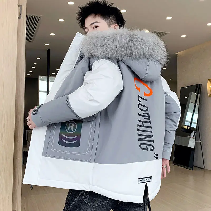 

2021New Men's Fur Hood Jacket winter Thick Warm Parka Print Street Wear Male Oversize Windbreaker Cotton Padded Down JacketP