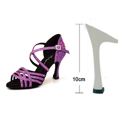 Purple 10cm Ladingwu, женские вечерние туфли для сальсы, бальные туфли, туфли для латинских танцев, большие и маленькие стразы, блестящие, фиолетовые, черные, блестящие, на Кубинском каблуке 6-10 см - Цвет: Purple 10cm