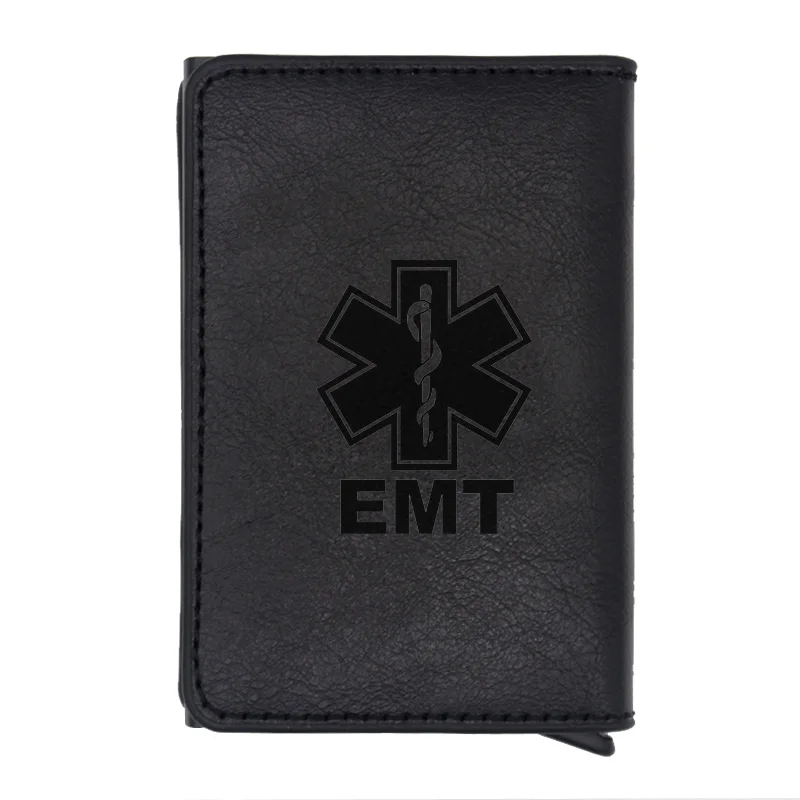 Black Классический черный EMT аварийный медицинский техник Rfid держатель для карт мужские кошельки винтажные короткие кожаные тонкие маленькие кошельки - Цвет: Black