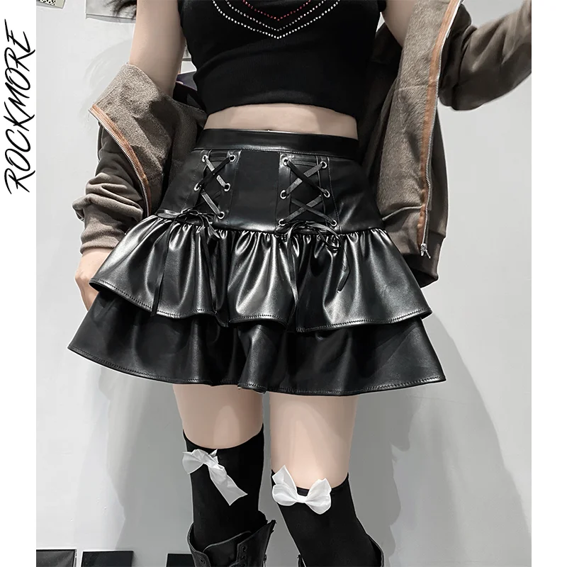 

Rockmore Goth Pleated Leather Skirt Women Aesthetic High Waist Mini Skirts Dark Academic Cosplay Punk Lace Up Skirts E Girl
