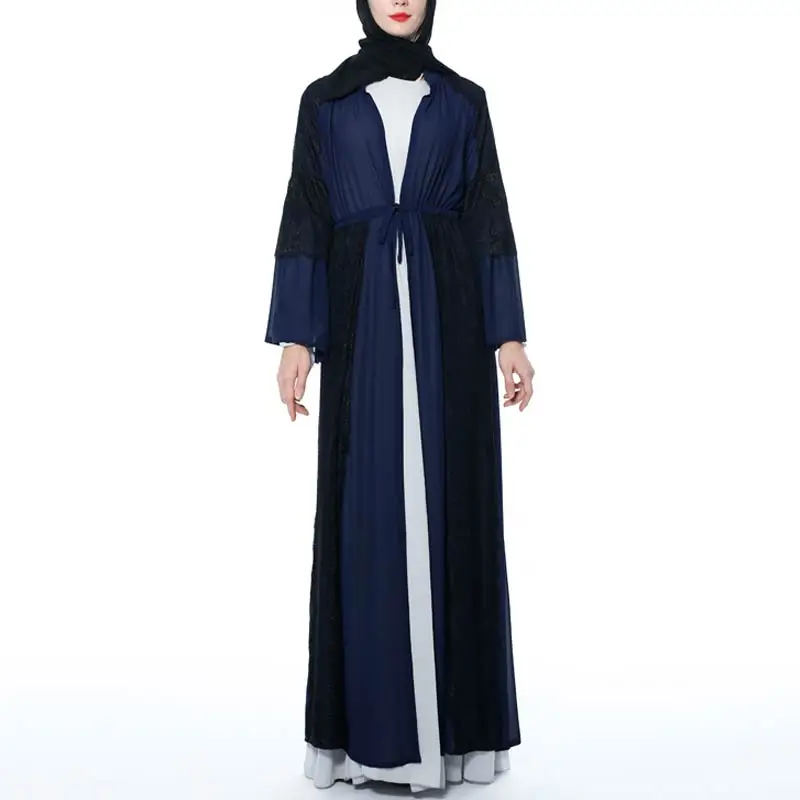 Navy MISSJOY мусульманское abaya женское платье с расклешенными рукавами модал турецкий кафтан Средний Восточный Повседневный шифон, кружево с отделкой стиле пэчворк женский халат Плать - Цвет: Navy