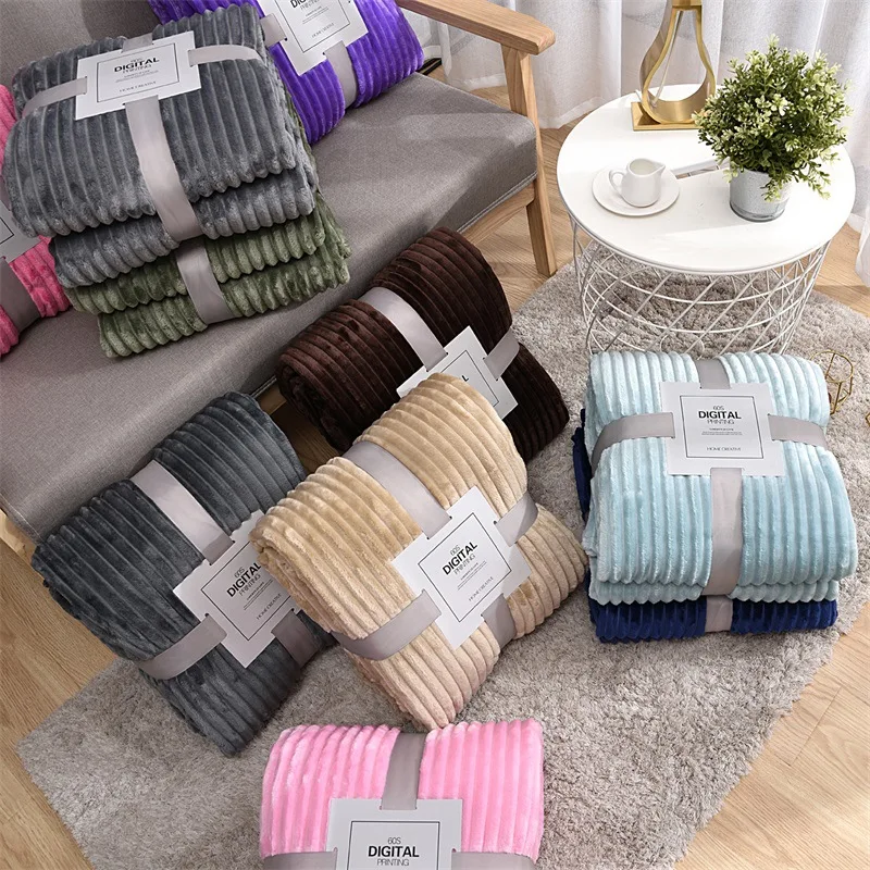 Striped Flannel Fleece Throw Blanket Soft Travel Blanket Solid Color Bedspread Plush Cover for Bed Sofa Warm Gift Dropship