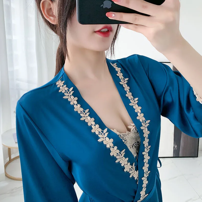 

Sexy Lace Pyjamas Lady Kimono Bathrobe Gown Pajamas Set Satin 5PCS Sleepwear Spring Autumn New Sleep Set Rayon Casual Home Wear
