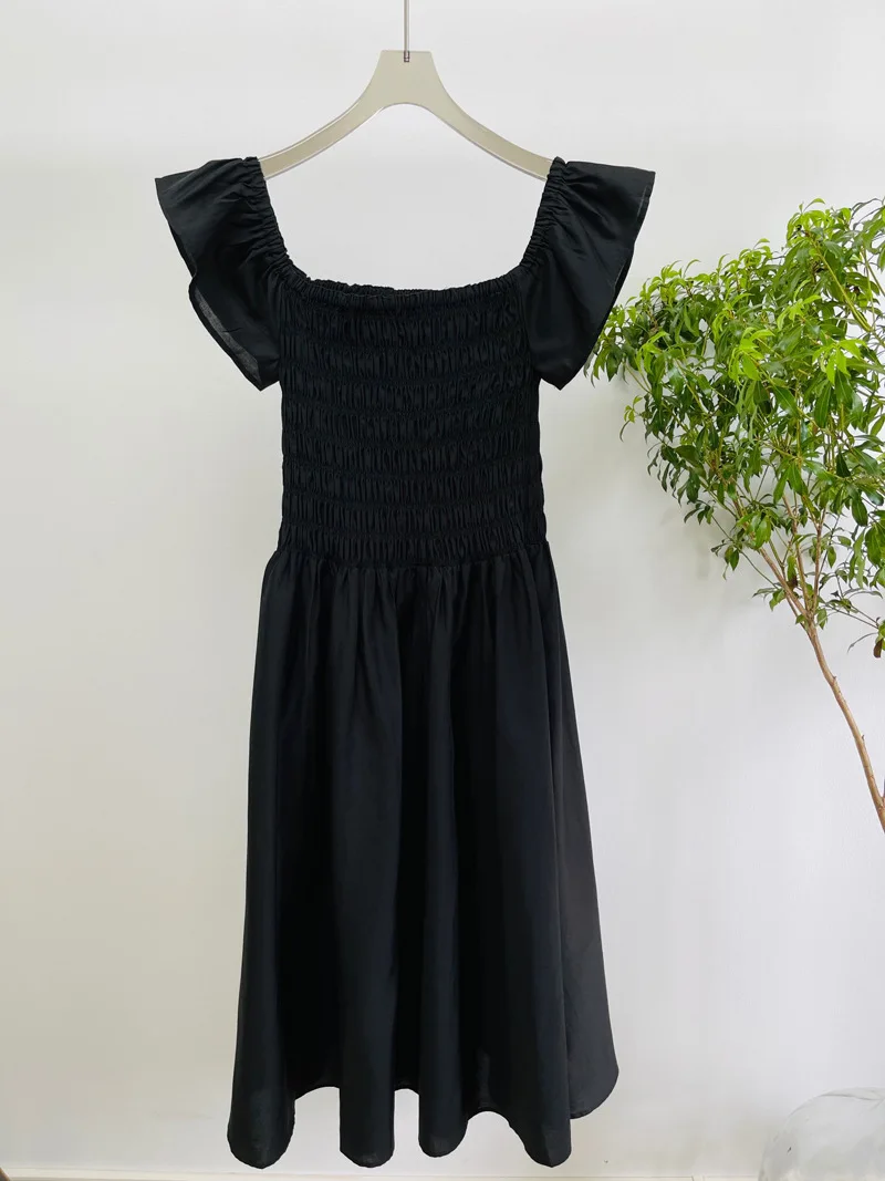 

Women Black Slash Neck Dress Flying Sleeve High Waist 2021 Summer New Ladies Robe