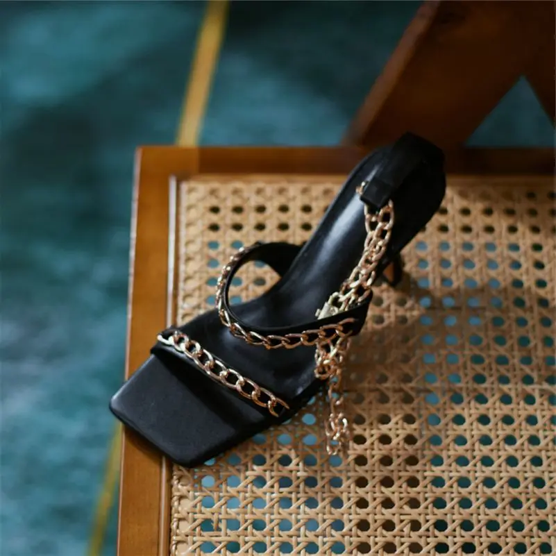 

Meotina Genuine Leather Women Shoes High Heels Strange Style Chain Sandals Ankle Strap Buckle Ladies Footwear Summer Beige 41
