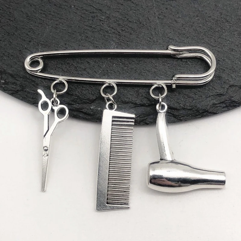 Creative Personality Hair Stylist Brooch Charm Jewelry Hairdressing Scissors Comb Pendant Washing and Cutting Brooch  - buy with discount