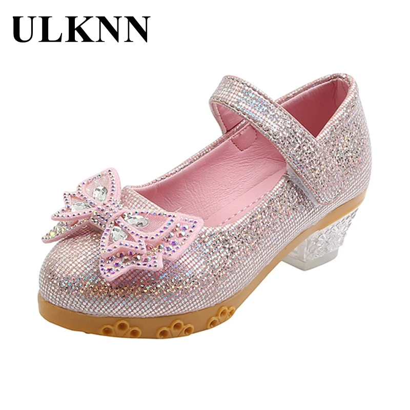 

ULKNN Girls Shoes Kids High-heeled Pink Shoes 2023 Students Show Bowknot Runways Princess Children Size 26-36 Roman Shoes