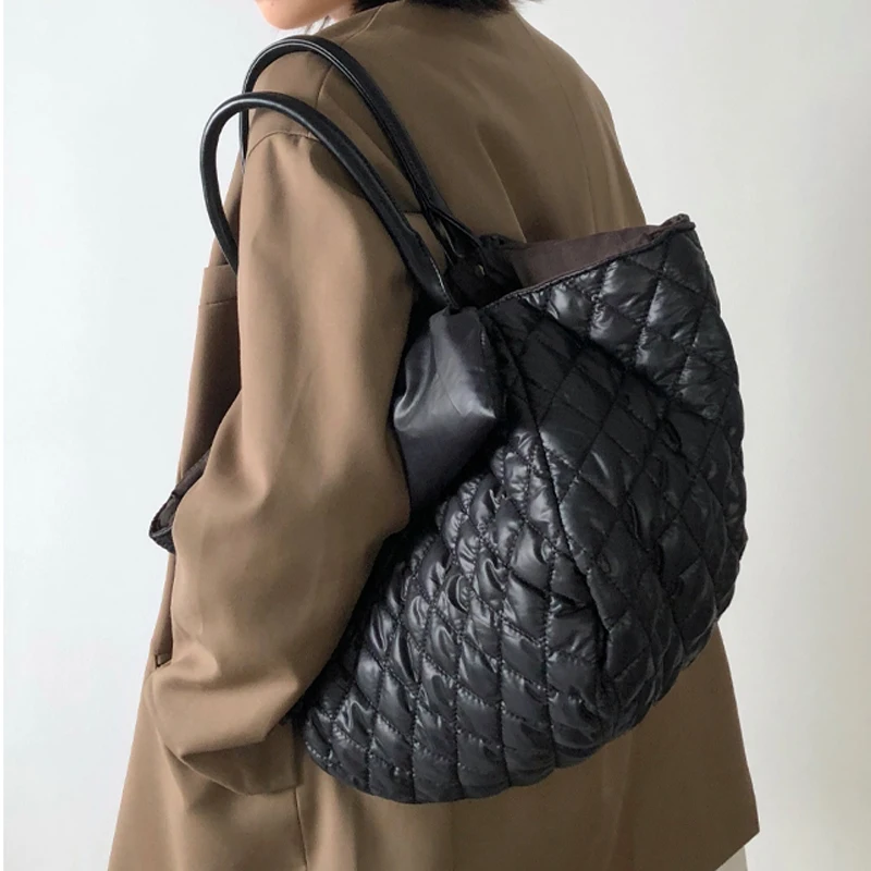 

Casual Lingge Quilted Large Tote Bag Designer Padded Women Handbags Nylon Down Cotton Shoulder Bag Big Shopper Purse 2021 Winter
