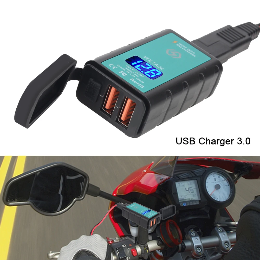 12V Motorcycle USB Chargers 3.0 2 Port Power Adapter LED Digital Voltage Waterproof Kit Pit Dirt Bike Moto Motorbike Accessories