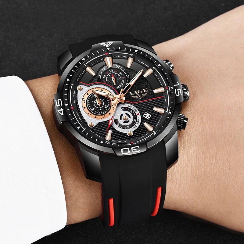 Часы наручные LIGE мужские с силиконовым ремешком модные брендовые Роскошные