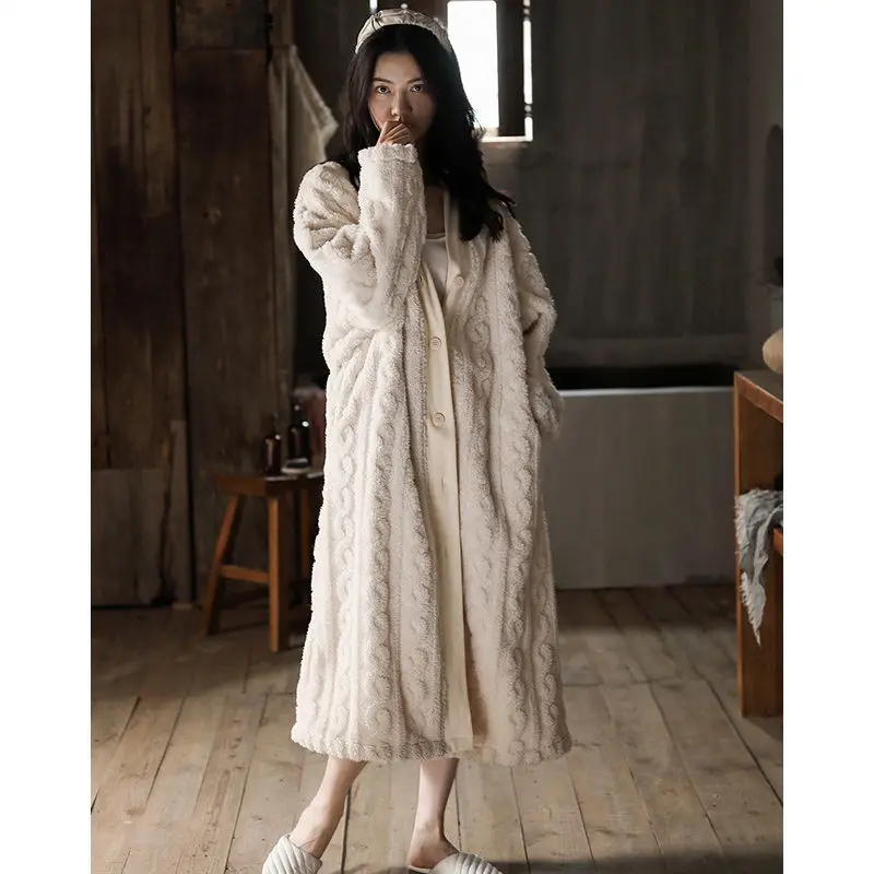 

Winter Long Coral Fleece Bathrobe Jacquard Single Breasted Warm Flannel Bath Robe Robes Sleepwear Women Dressing Gowns F95