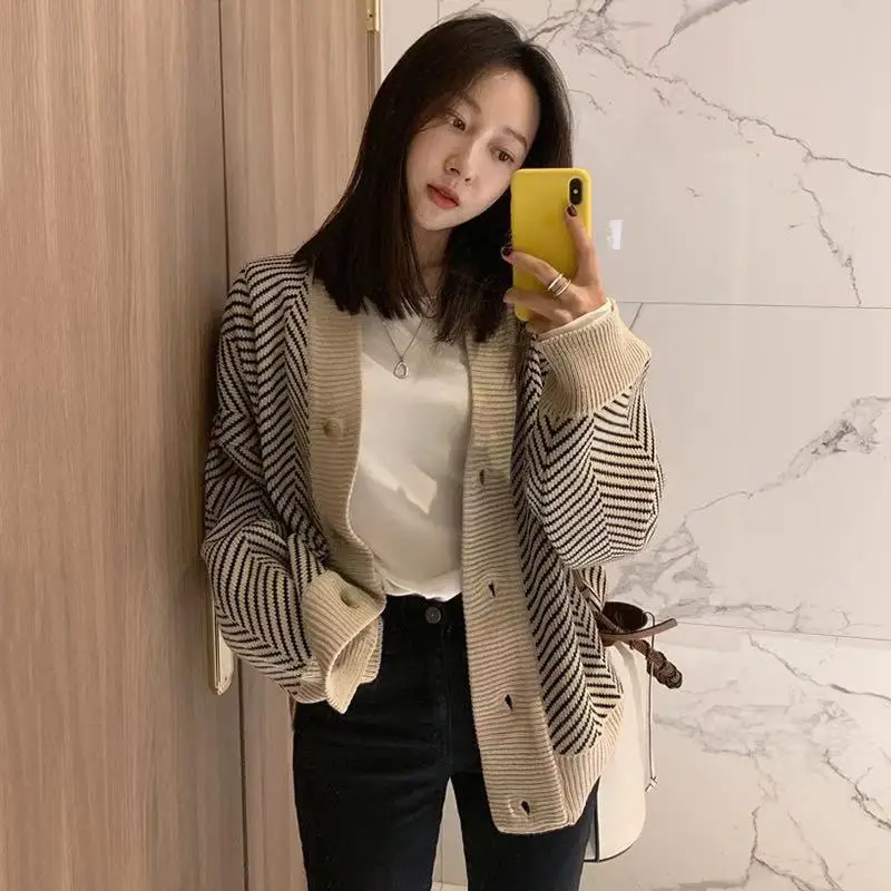 Korean Style Single Breasted V-Neck Women Button Black Cardigan Sweater Knitted Loose Oversized Jumper Top Jacket Coat 12031 |