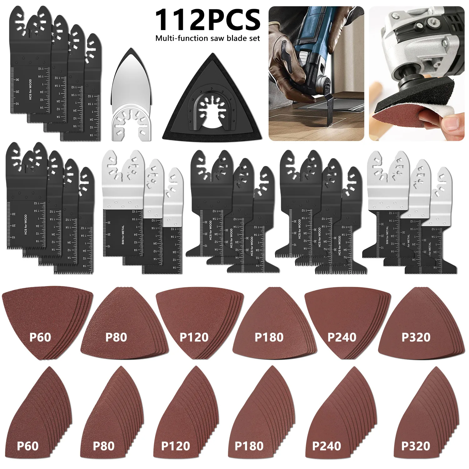 

112Pcs/Set Universal Oscillating Multi Tool Saw Blade Quick Release for Renovator Power Tool Professional Wood Cutting
