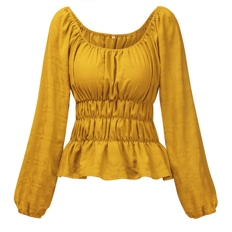 

Autumn Backless Square Collar Women's Shirts Pleated Lantern Long Sleeve Female Shirt Pullover Solid Streetwear Casual Lady Tops