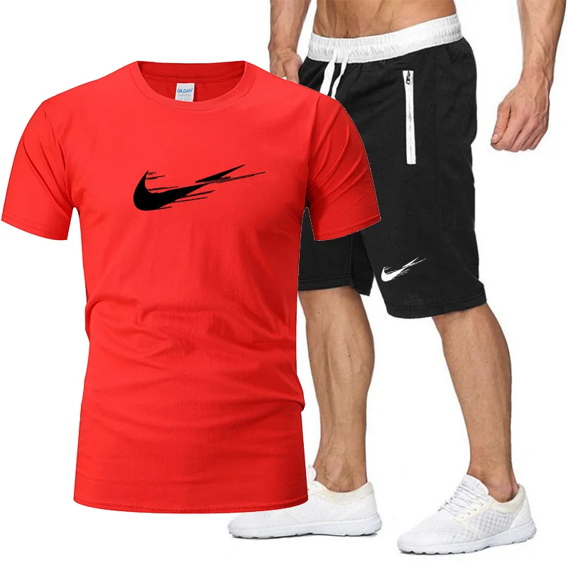 

2021 Men's New Pure Cotton Summer Leisure Sports Suit Short Sleeve T-shirt + Quick Dry Shorts Fashion 2-piece Set
